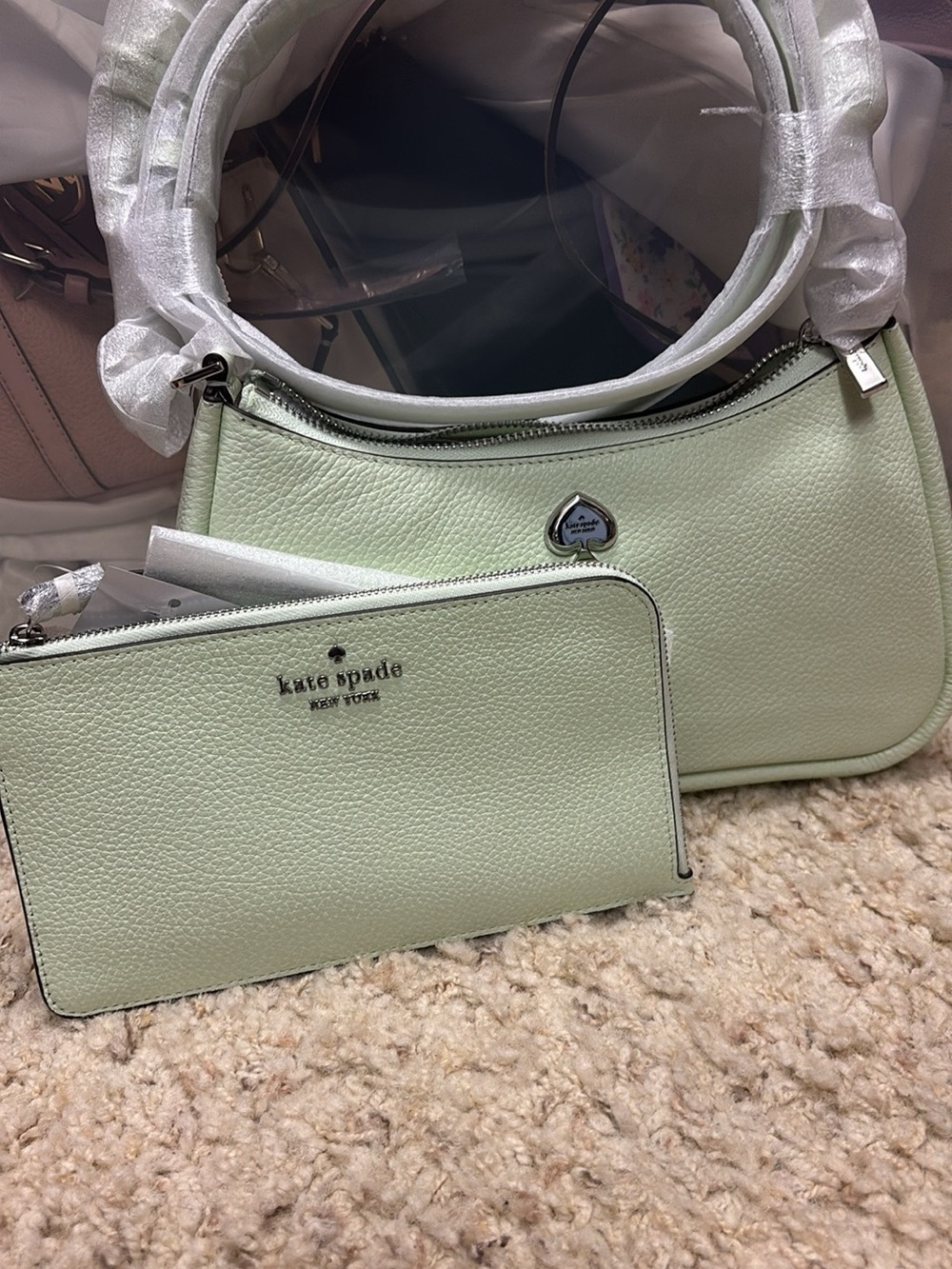 kate spade Mint Green Pebbled Leather Shoulder Bag with Zip Wallet